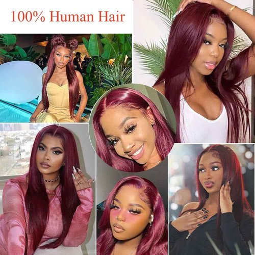 99j Burgundy Lace Front Wigs Human Hair 13x6.5 HD Burgundy Colored Lace Front Wigs Human Hair 250% Density Glueless Straight Wigs Human Hair Pre Plucked with Baby Hair (22 inch, 99j)