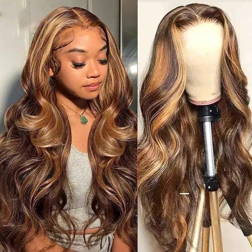 DOSAY Highlight Ombre 13x4 Hd Transparent Lace Front Human Hair Wig 24 Inch Brown Honey Blonde Body Wave Glueless Wigs 180% Density for Woman