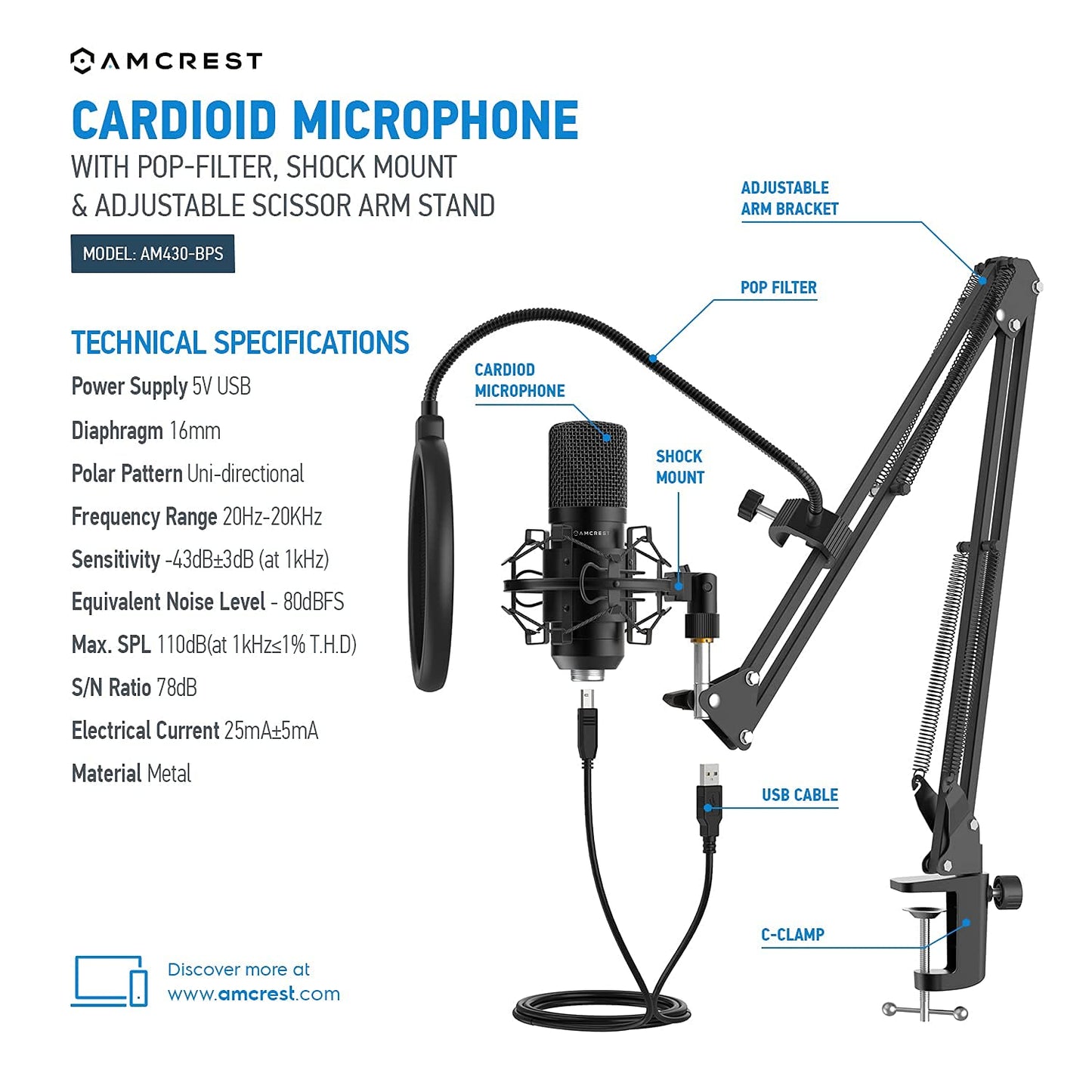 Amcrest 1080P Webcam with Privacy Cover & Omnidirectional Microphone, Web Cam USB Camera, Computer HD Streaming Webcam for PC Desktop & Laptop, Boom Arm, Pop-Filter, Shock Mount (AM430-BPS-AWC201-B)