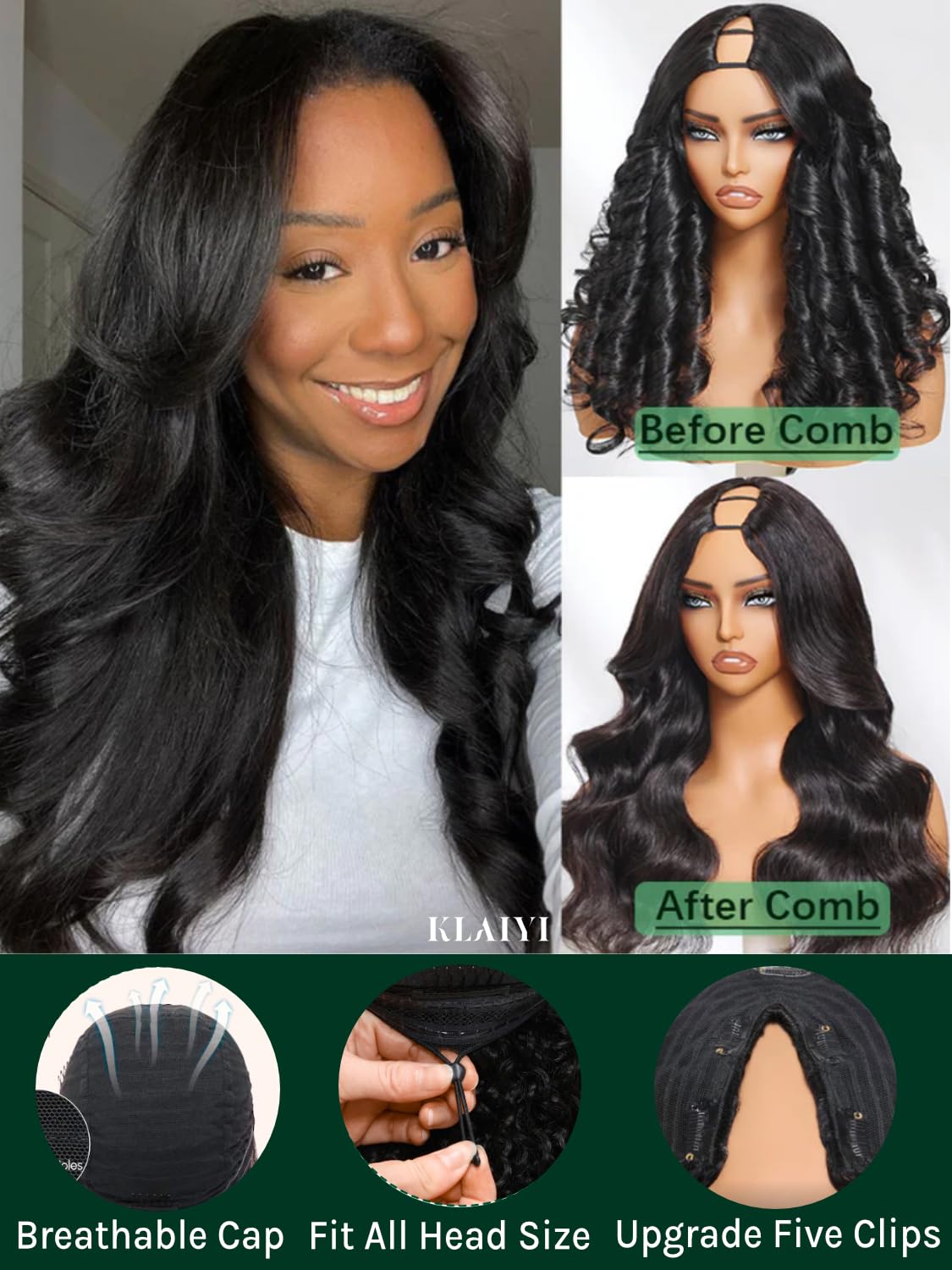 KLAIYI EasiContour V Part Wig Human Hair Body Wave Glueless Upgrade U Part Wig No Leave Out No Gel Clip in Half Wig V Shape Pull and Go Beginner Friendly Ready to Wear Natural Black Color 150% 16Inch
