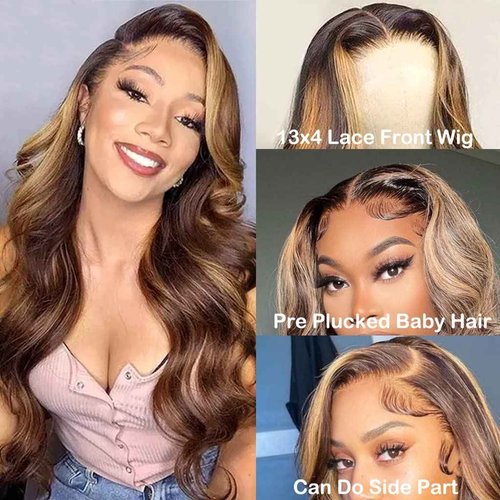 Manorshen Body Wave Ombre Highlight Transparent Lace Frontal Wigs Brazilian Virgin 13x4 Lace Front Glueless Brazilian Human Hair for Women With Baby Hair (Highlight 4/27, 30 Inch)