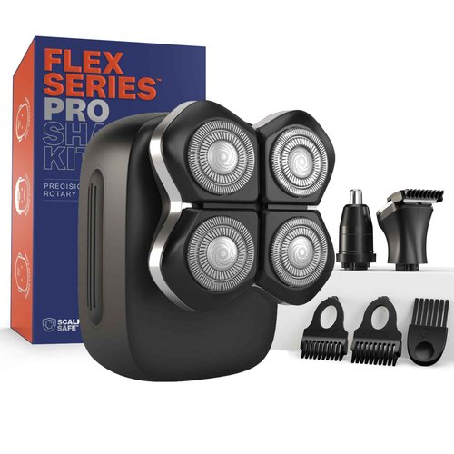 Freebird FlexSeries Pro Electric Head & Body Shaver - Mens Cordless Rechargeable Wet/Dry Skull Bald Head Back & Groin Waterproof Razor with Rotary Blades, Clippers, Nose Trimmer, Brush, Massager