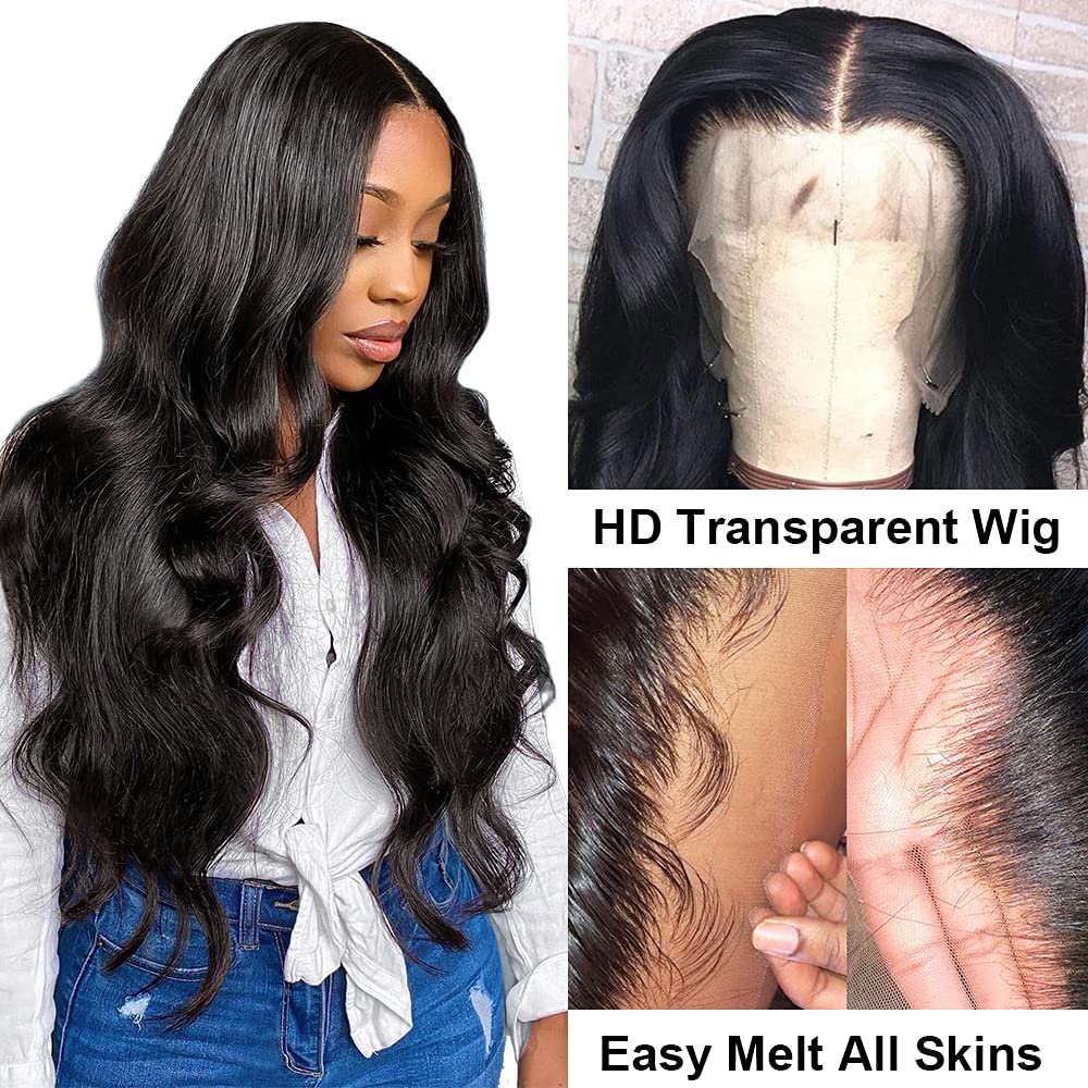 13x6 Body Wave Lace Front Wig Human Hair HD Transparent Body Wave Frontal Wig Pre Plucked With Baby Hair 26 Inch 200% Density Glueless Black Body Human Hair Wigs for Women
