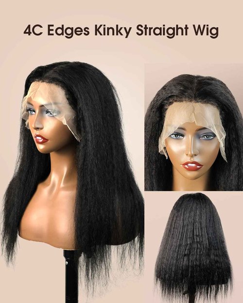 MENTOR 4C Edges Kinky Straight Lace Front Wigs Human Hair Yaki Stairght 13x4 HD Transparent Lace Frontal Kinkystraight Wigs with Curly Edges Hairline Pre-Plucked 180% Density 18 inch