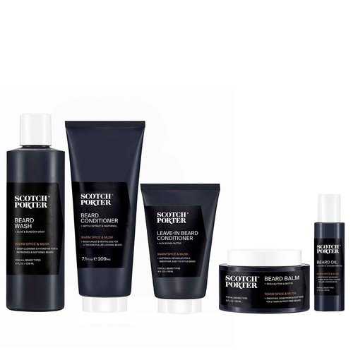Scotch Porter Superior Beard Collection – Cleanse, Moisturize, Soothe & Style while Encouraging Growth for a Fuller/Healthier-Looking Beard – Includes Wash, 2 Conditioners, Oil & Balm
