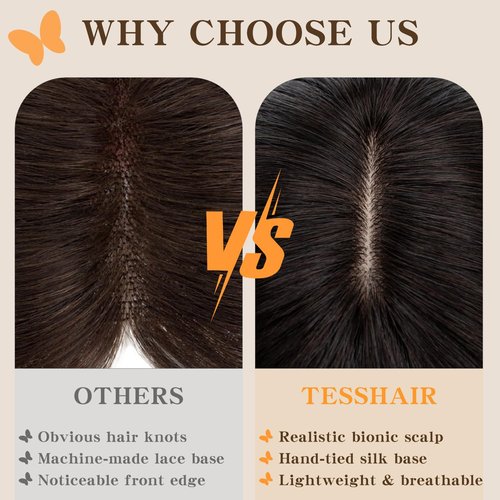 TESSHAIR Human Hair Toppers for Women, 150% Density Hair Topper with Bang, No Tangle & Smooth, Upgrade 7x13cm Silk Base, 12 Inch #1B Natural Black