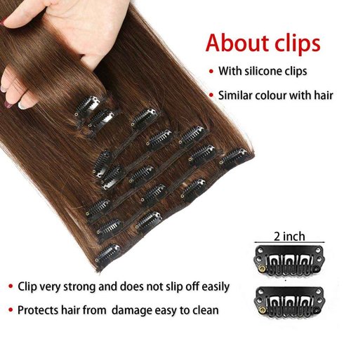 Clip in Hair Extensions Real Human Hair Straight Clip Hair Extensions Brazilian Remy Human Hair Double Weft Human Hair (4# Medium Brown, 20 Inch)