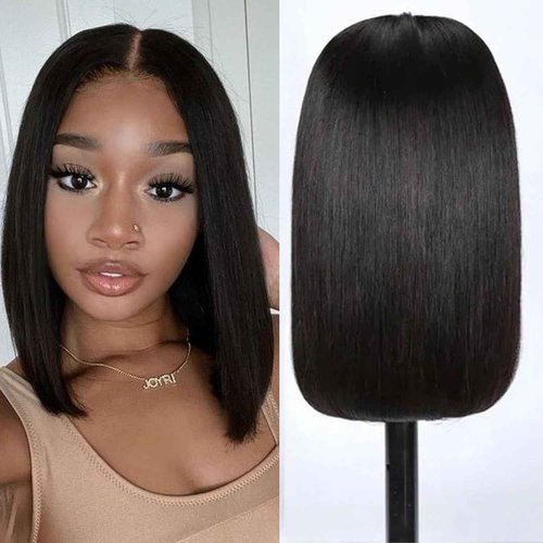 ALHER Short Bob Wig Small Cap Lace Front Wigs Human Hair Pre Plucked Straight, 13X4 Lace Frontal Wigs With Baby Hair 180% Density for Black Women, 12A Small Cap Size 21-21.5 Natural Black Wig 12 Inch