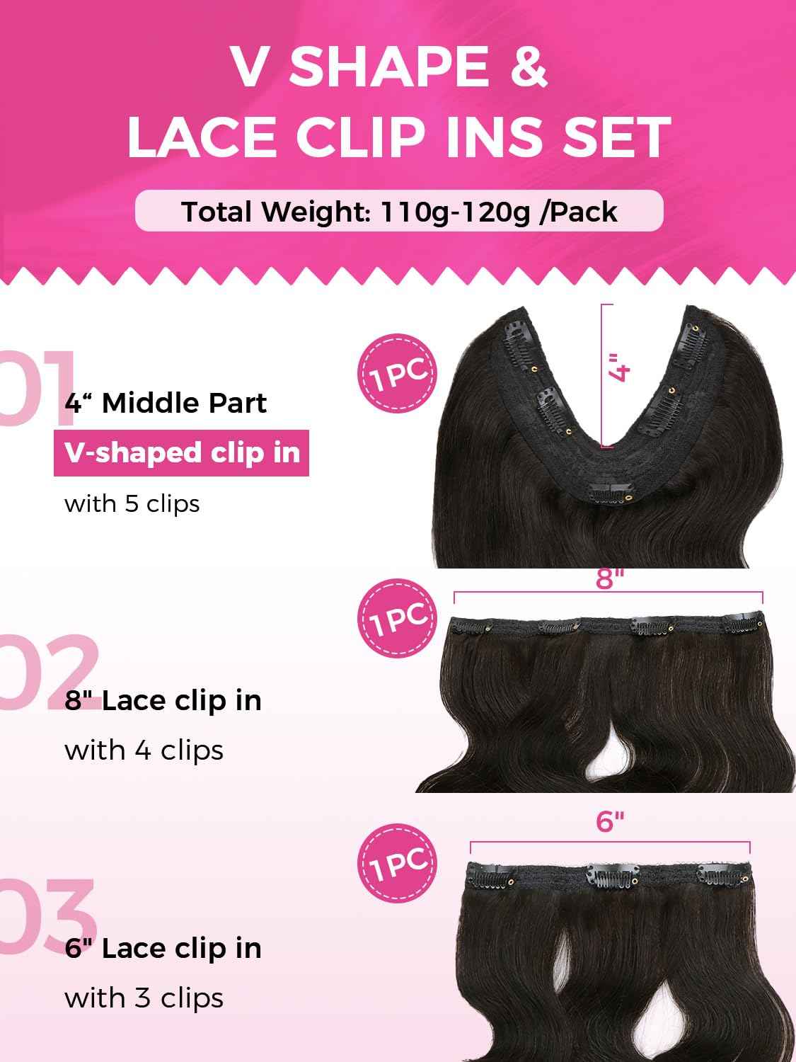 Lashey V Shape Invisible Clip in & Lace Clip in Hair Extensions Human Hair, 18 Inch 120g Set (1 V-Shaped + 2pcs Lace Clip ins), Natural Black Body Wave No Leave Out Hair Extension for Women