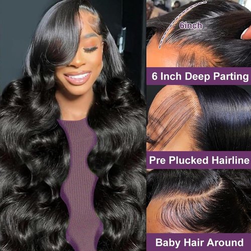 VXCVAE 24 Inch 13x6 Lace Front Wigs Human Hair Pre Plucked 220% Density Body Wave HD Lace Front Wigs Human Hair Natural Black Glueless Frontal Wig for Women
