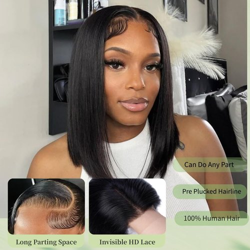 YFOXI Glueless Bob Wig Human Hair 13x4 HD Transparent Lace Front Wigs Short Bob Wig Glueless Wigs Human Hair Pre Plucked Bleached Knots Straight Lace Front Wigs For Black Women（16 Inch）