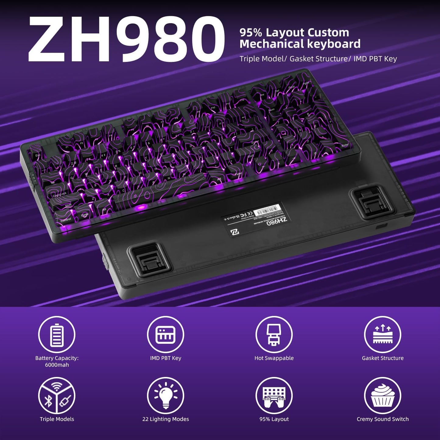ZORNHER ZH980 Wireless Mechanical Gaming Keyboard,95% Black Hot-Swappable Custom Creamy Keyboard with Number Pad,Shine Through IMD PC Keycaps,Pre-lubed Linear Switches,RGB Backlit,2.4GHz/USB-C/BT5.0
