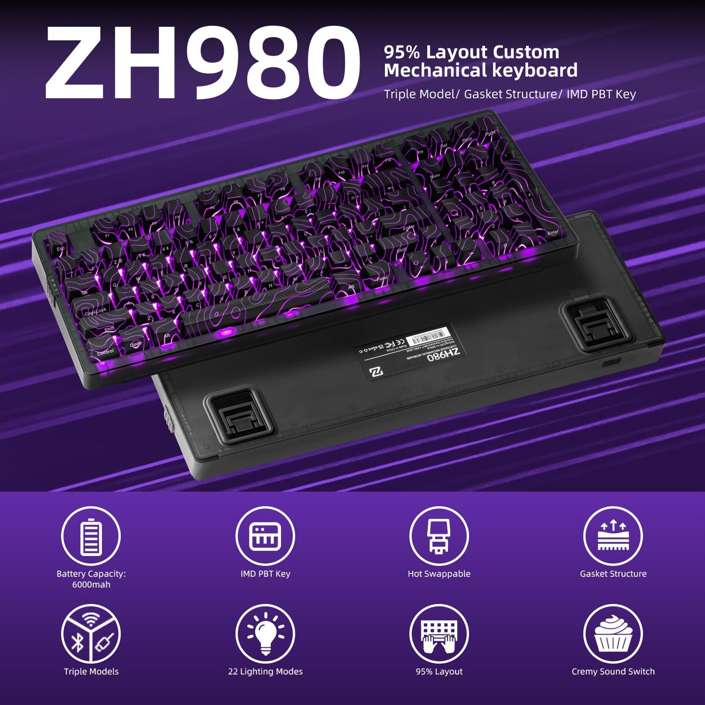 ZORNHER ZH980 Wireless Mechanical Gaming Keyboard,95% Black Hot-Swappable Custom Creamy Keyboard with Number Pad,Shine Through IMD PC Keycaps,Pre-lubed Linear Switches,RGB Backlit,2.4GHz/USB-C/BT5.0