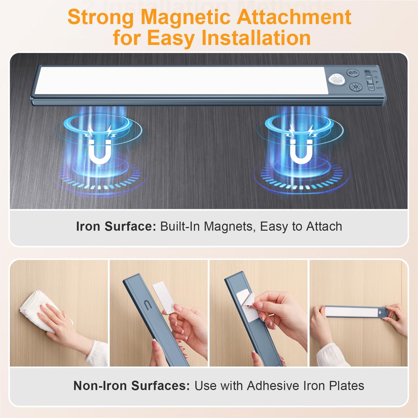 Gritin 10.2inch Under Cabinet Lighting Rechargeable -84 LED Super Bright,3-Color& 5 Level Brightness,4 Modes,Motion Sensor, Long Lasting- Easy Installation Magnetic Closet Lights -2 Pack-Sea Blue