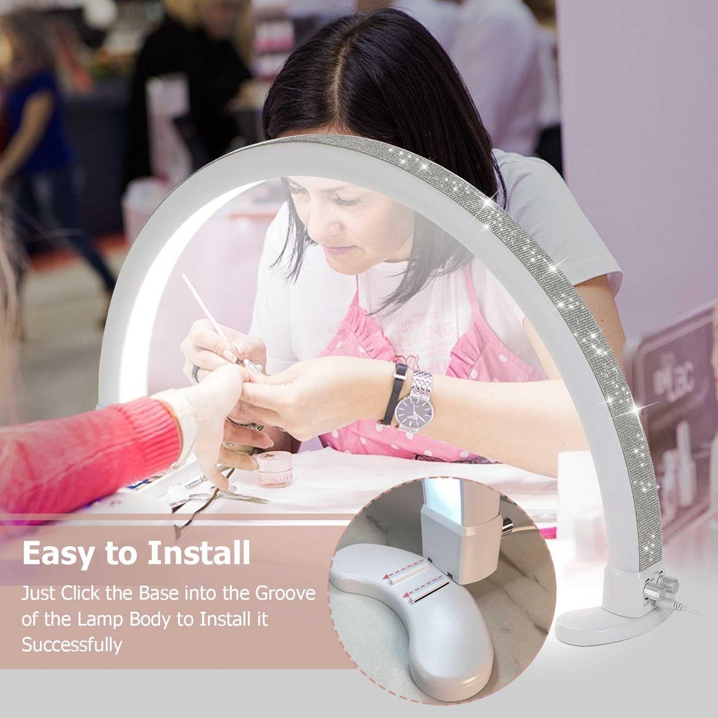 KMLSHLL Half Moon Light for Nail Desk with Phone Holder, Adjustable Brightness 2700K-6000K, 45W Rhinestones Arch Light for Nail Techs