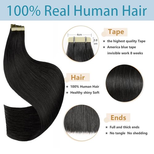 Tape in Hair Extensions Human Hair 22Inch Natural Black Color 20Pcs 50G/Pack Straight Seamless Weft Skin Invisible Thick 100% Real Black Human Hair Tape In Extensions