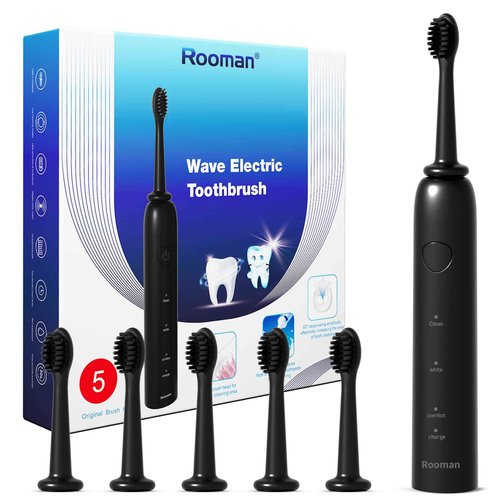 Rooman Oscillation&Vibration Sonic Electric Toothbrush for Adults, with 5 Brush Heads for Travel & Teeth Care, 20000 VPM, 3 Cleaning Modes, 2-Minute Timer, IPX7 Waterproof (Black)