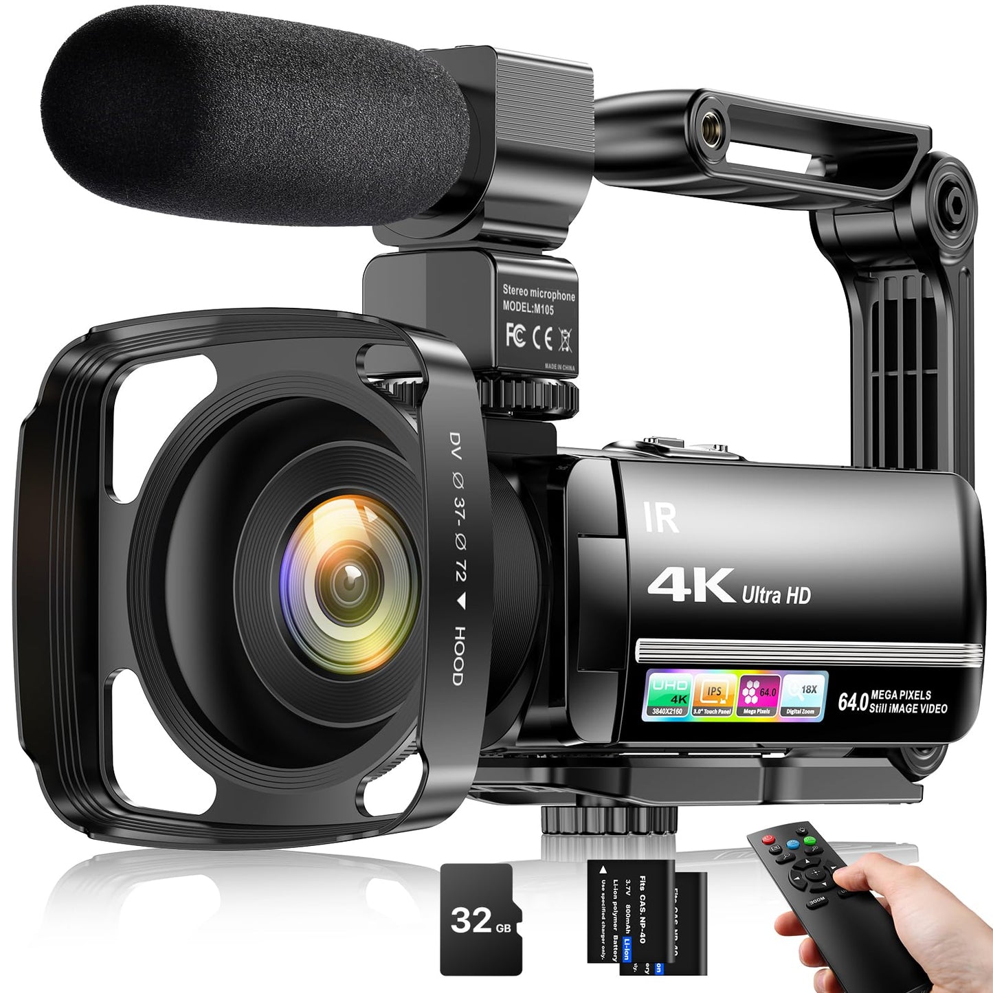 4K Video Camera Camcorder 64MP Vlogging Camera for YouTube 18X Digital Zoom 3.0''Touch Screen IR Night Vision with External Stereo Microphone,Handheld Stabilizer,Remote,Lens Hood,32G Card &2 Batteries