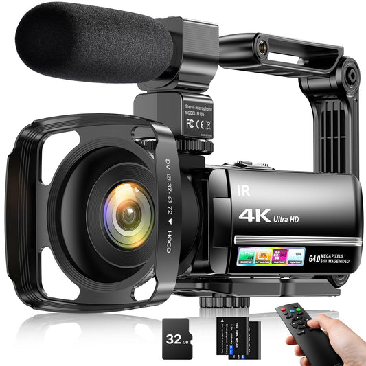 4K Video Camera Camcorder 64MP Vlogging Camera for YouTube 18X Digital Zoom 3.0''Touch Screen IR Night Vision with External Stereo Microphone,Handheld Stabilizer,Remote,Lens Hood,32G Card &2 Batteries