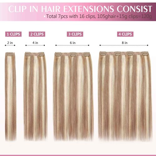Fimislosion Real Hair Extensions Clip in Human Hair, Seamless Clip in Hair Extensions Real Human Hair, 20 Inch Clip ins extensions for women, Honey Blonde With Bleach Blonde 120G 7Pcs