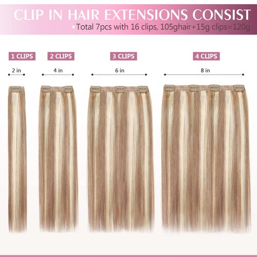 Fimislosion Real Hair Extensions Clip in Human Hair, Seamless Clip in Hair Extensions Real Human Hair, 18 Inch Clip ins extensions for women, Honey Blonde With Bleach Blonde 120G 7Pcs
