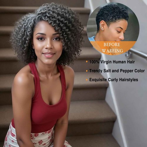 HANASCC Salt and Pepper Wigs for Women Deep Curly Grey Glueless Wigs Human Hair Mixed Kinky Curly Deep Wave Gray human hair Short Wigs for Women 10 Inch