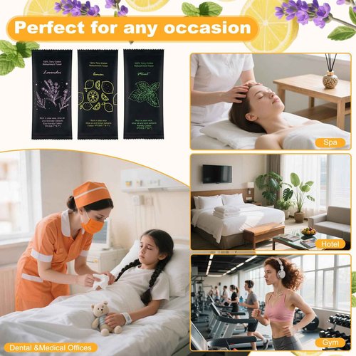 Moist Cotton Towel Bulk Moist Towelettes Individually Wrapped 8.7" x 8.7",White Towel Services,Refreshment Pre Moistened Towels Lavender,Lemon and Mint for Sport Party Spa(Pack of 150)