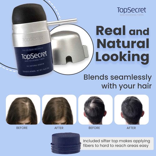 Top Secret Hair Thickening Building Fibers Applicator Included - Undetectable & Natural Hair Filler - for Men & Women - Instantly Fill In Fine Thinning Hair - Weather & Sweat Resistant (Black, Large)