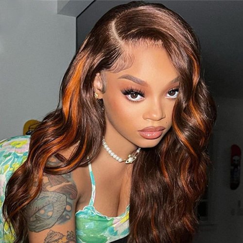 BELE Highlight 1B/350 Transparent HD 13x4 Lace Front Wig Human Hair Reddish Brown Ombre Brazilian Virgin Body Wave 180% Density Lace Front Glueless Wig Pre Plucked with Baby Hair 20inch for Women