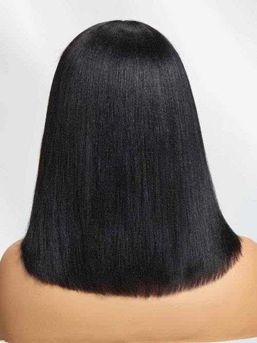 UNICE 14 Inch Yaki Straight Glueless Bob Wig Human Hair with Bangs 2x4 HD Lace Short Black Ready to Wear Blunt Cut Bob Wigs Natural Looking 180% Density