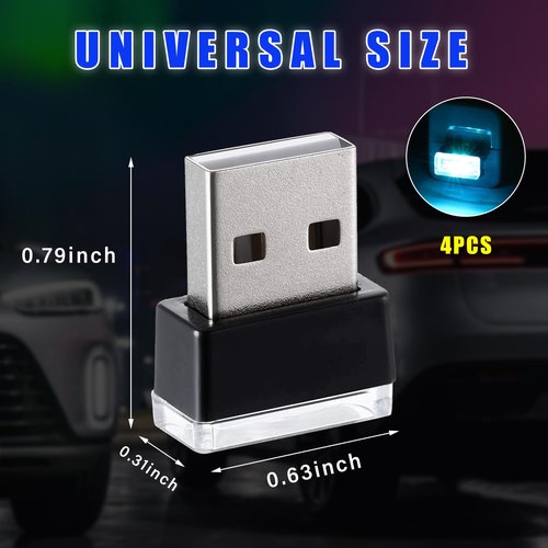 Augeny 4 PCS USB LED Car Interior Atmosphere Lamp, Plug-in USB Decor Night Light, Portable Auto Ambient Lighting Kit, Universal Vehicle Interior Accessories for Most Cars (Ice Blue)