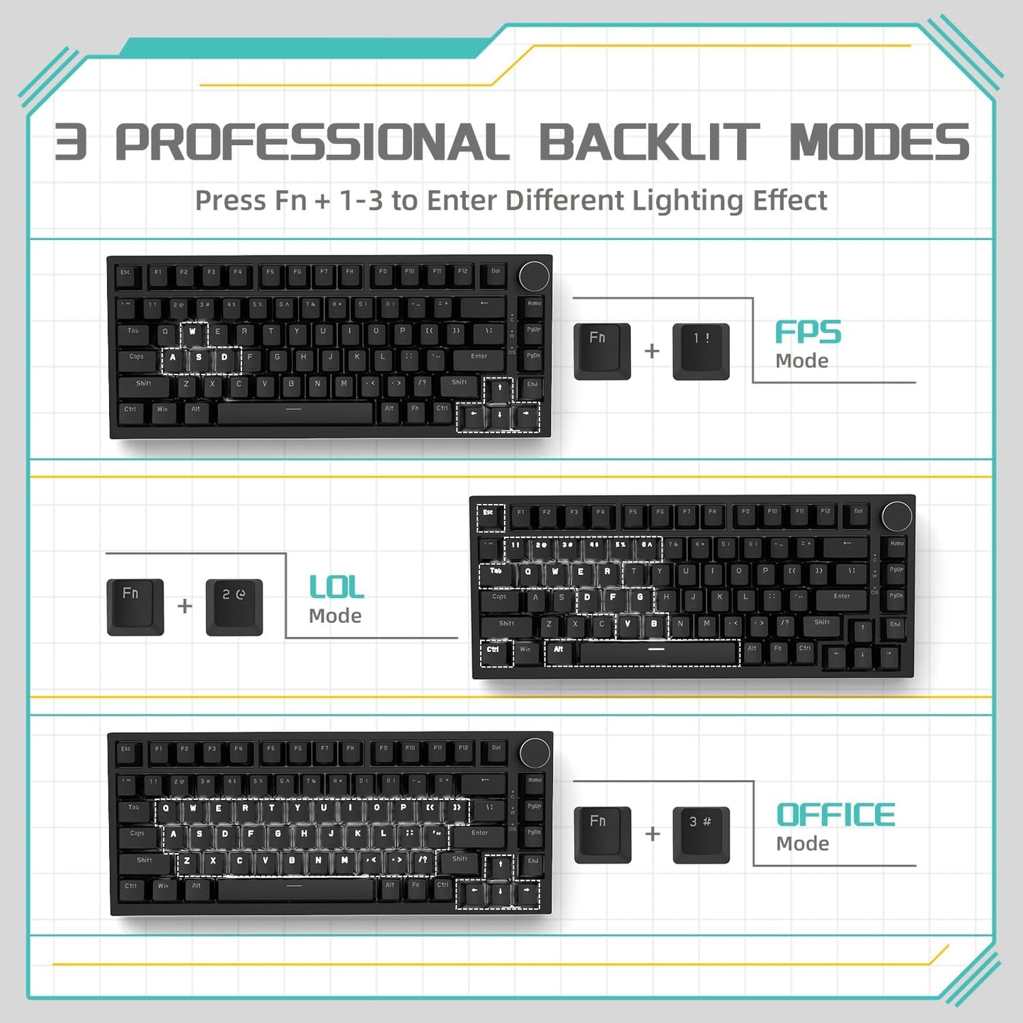 Attack Shark ajazz AK820 Pro 75% Mechanical Keyboard and Coiled Cable Hot Swappable Wireless 2.4GHz/Bluetooth/Wired TFT Screen & Knob Flying Fish Switch RGB Gasket Mount Custom Keyboard-Black