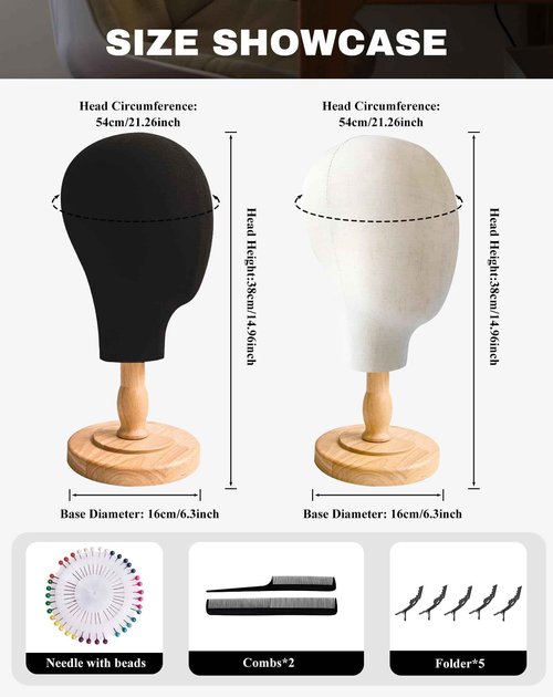 CHADWICK Canvas & Black 21 Inch Mannequin Head Set with Detachable Wood Stands, for Wig Making, Hat and Jewelry Display – Includes 7-piece Crocodile Clip & Comb Set, Multi-Color Pin Tray