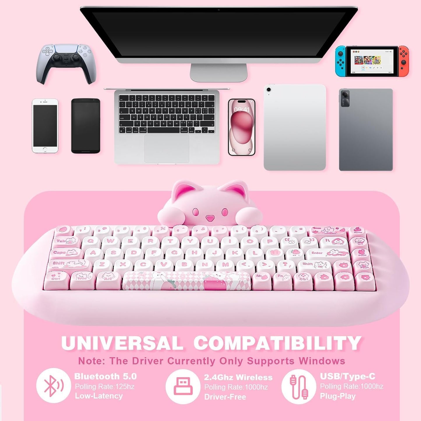 YUNZII C68 Panda Wireless Mechanical Gaming Keyboard, 68 Keys Cute Layout with PBT Keycaps,RGB Backlit, Hot Swappable,Creamy Switches,BT5.0/2.4G/Wired for Win/Mac(Black,Panda Switch)