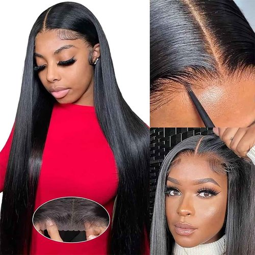 JUBOTIN Straight Gluless Lace Wigs Human Hair Pre Bleached Invisible Knots 30 Inch 6x4 HD Lace Front Wigs Human Hair Glueless Wigs Human Hair for Women Pre Plucked 180% Density