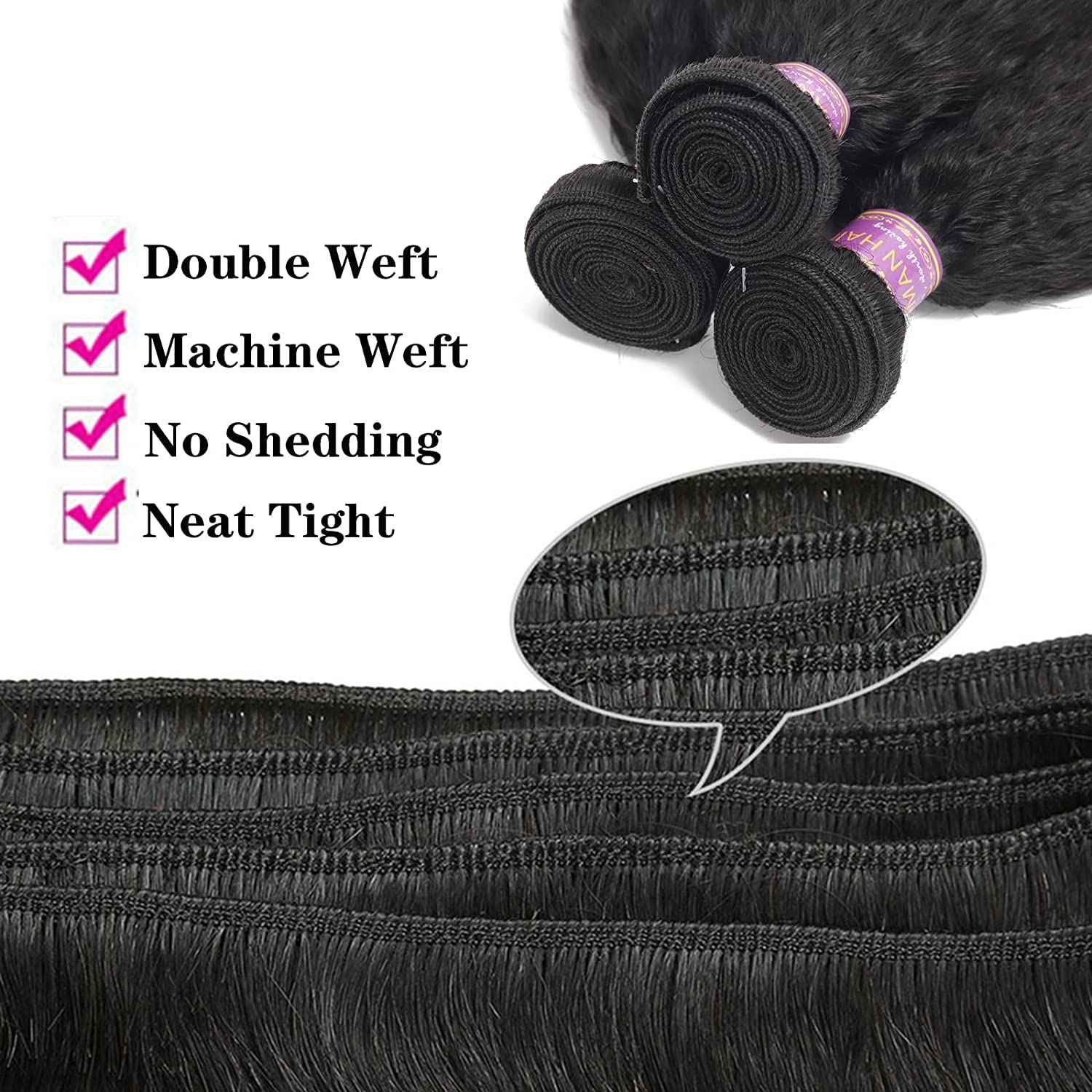 Kinky Straight Human Hair 1Bundles 20Inch Yaki Straight Human Hair Extensions 100% Unprocessed Brazilian Virgin Kinky Straight Human Hair For Black Women Natural Black (20Inch, 1 Bundles)