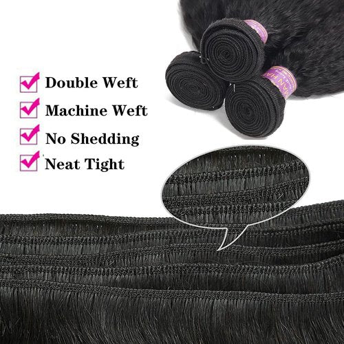 Kinky Straight Human Hair 3Bundles Natural Black Yaki Straigh Brazilian Virgin Remy Hair Grade 10A 100% Unprocessed Kinky Straight Human Hair Extensions (12 14 16 Inch, 3 Bundles)
