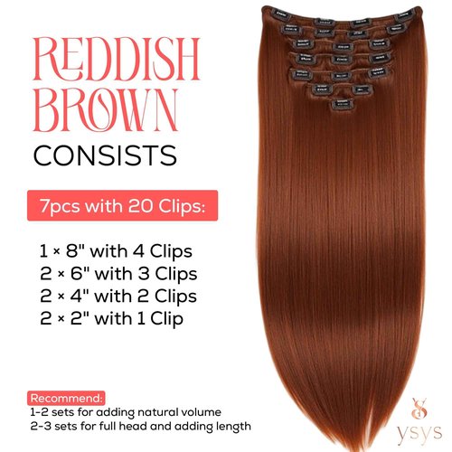 YSYS Clip in Hair Extensions - 100% Human Hair Remy Hair Extensions for Women - 7 Pieces, 120g Seamless Clip ins for Extra Volume/Style - Natural Straight (Reddish Brown #33, 20 inches)