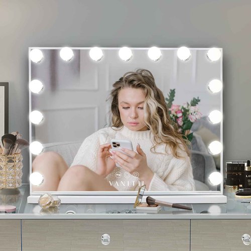 VANITII Hollywood Vanity Mirror with Lights USB Charging 22.8”*18.1” Lighted Makeup Mirror with 15 LED Bulbs Dimmable 3 Modes Tabletop for Cosmetic