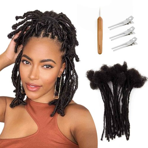 FAMILOCS Loc Extensions Human Hair 0.2cm Width 8Inch-16Inch 20 Strands Dreadlock Extensions for Man/Women Handmade Permanent Soft Locs with Needle and Clips (14Inch, 20 Strands)