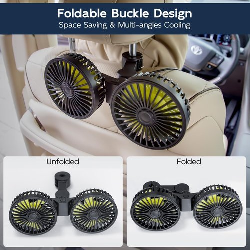 XOOL Car Fans for Backseat - Dual Head USB Cooling Car Fan for Kids, 360° Rotatable Car Rear Headrest Fan, Air Circulation Fan with Adjustable Clip for Vehicles SUV RV Truck