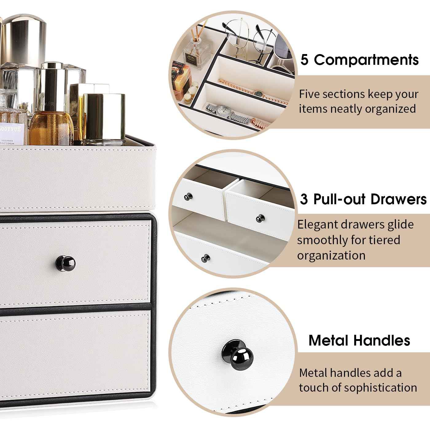 GORESE Leather Makeup Organizer with Drawers for Vanity, Stackable Skincare Holder Dresser Organizer Countertop, Make Up Storage Organizers Counter Cosmetic Display Case Gifts for Women(Cream White)