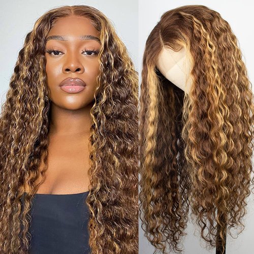 Jenniferita Ombre Honey Blonde Wear and Go Glueless Deep Curly Wave Lace Front Wigs Human Hair Highnight HD Lace Front Wigs Human Hair 4/27 Frontal Wigs Human Hair Curly Wigs 200% Density 16 Inch