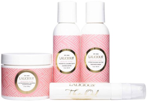 LaLicious Sugar Kiss Travel Set - Whipped Sugar Scrub, Shower Gel / Bubble Bath, Body Butter & Body Oil in a Luxe Velour Makeup Bag (4 Piece Kit)