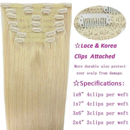 Eufficco Real Human Hair Lace Clip In Hair Extensions Thick Ends 20inch 120g Color Bleach Blonde #60 Remy Hair Extensions