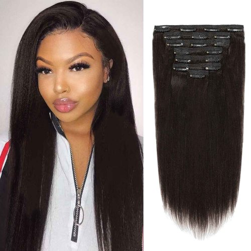 Loxxy Brazilian Yaki Straight Clip in Hair Extensions Real Human Hair 12 inch 100% Remy Unprocessed Soft Clip on Extensions Full Head Natural Color #1B for Black Women,YK 7pcs/set 120g/set
