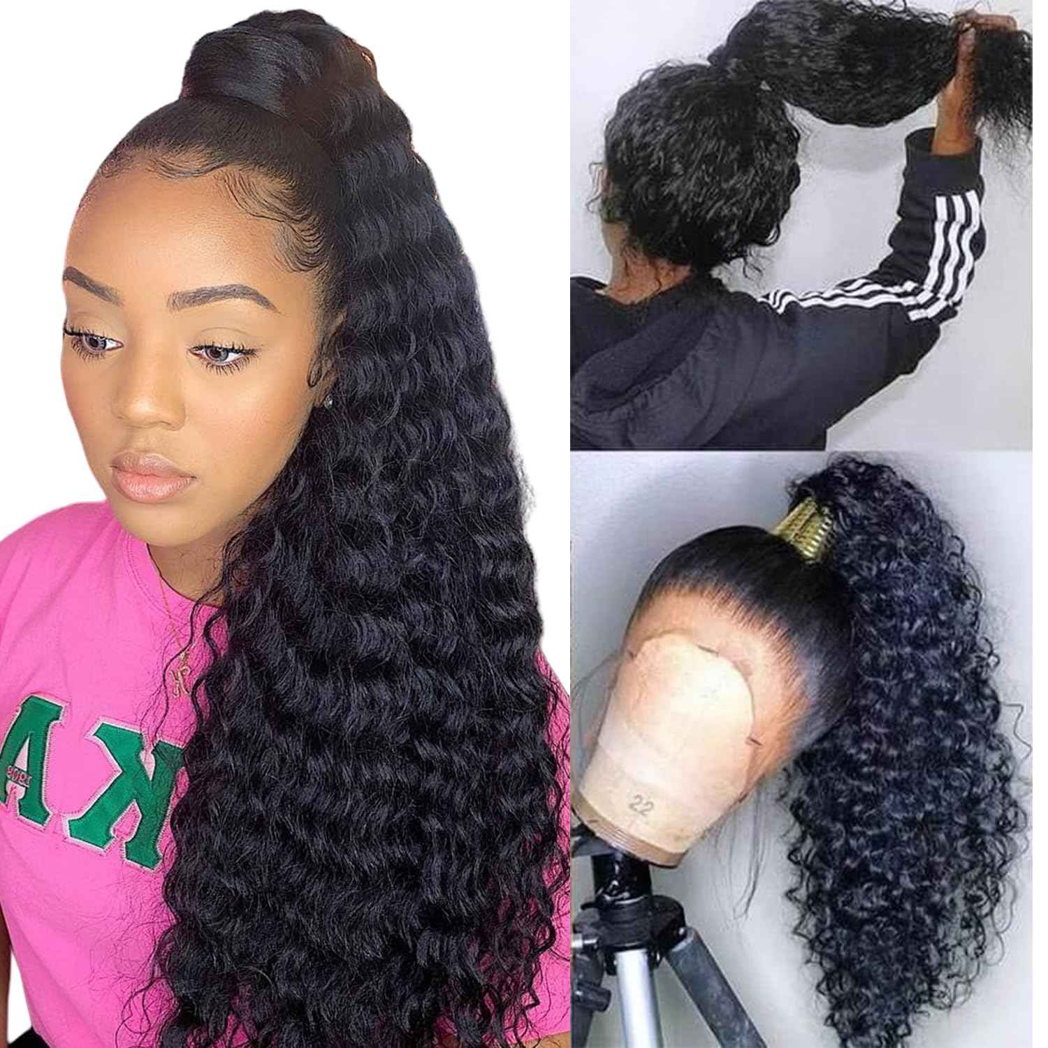 360 Lace Front Wigs Human Hair Pre Plucked Deep Wave 360 Full Lace Human Hair Wigs For Black Women Wet And Wave HD Lace Front Glueless Wigs Curly Wig (Natural Color, 18 Inch)