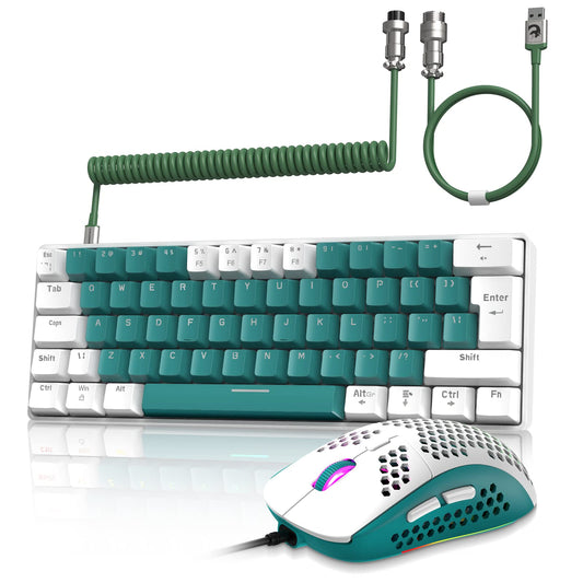 ZIYOU LANG RK-T60 Wired Mechanical Gaming Keyboard and Mouse Combo Mini Portable with Rainbow Backlit 62Key NKRO 6400DPI RGB Honeycomb Mice Coiled Aviator Cable for PS4/PC/WIN Gamer(Green/Blue Switch)