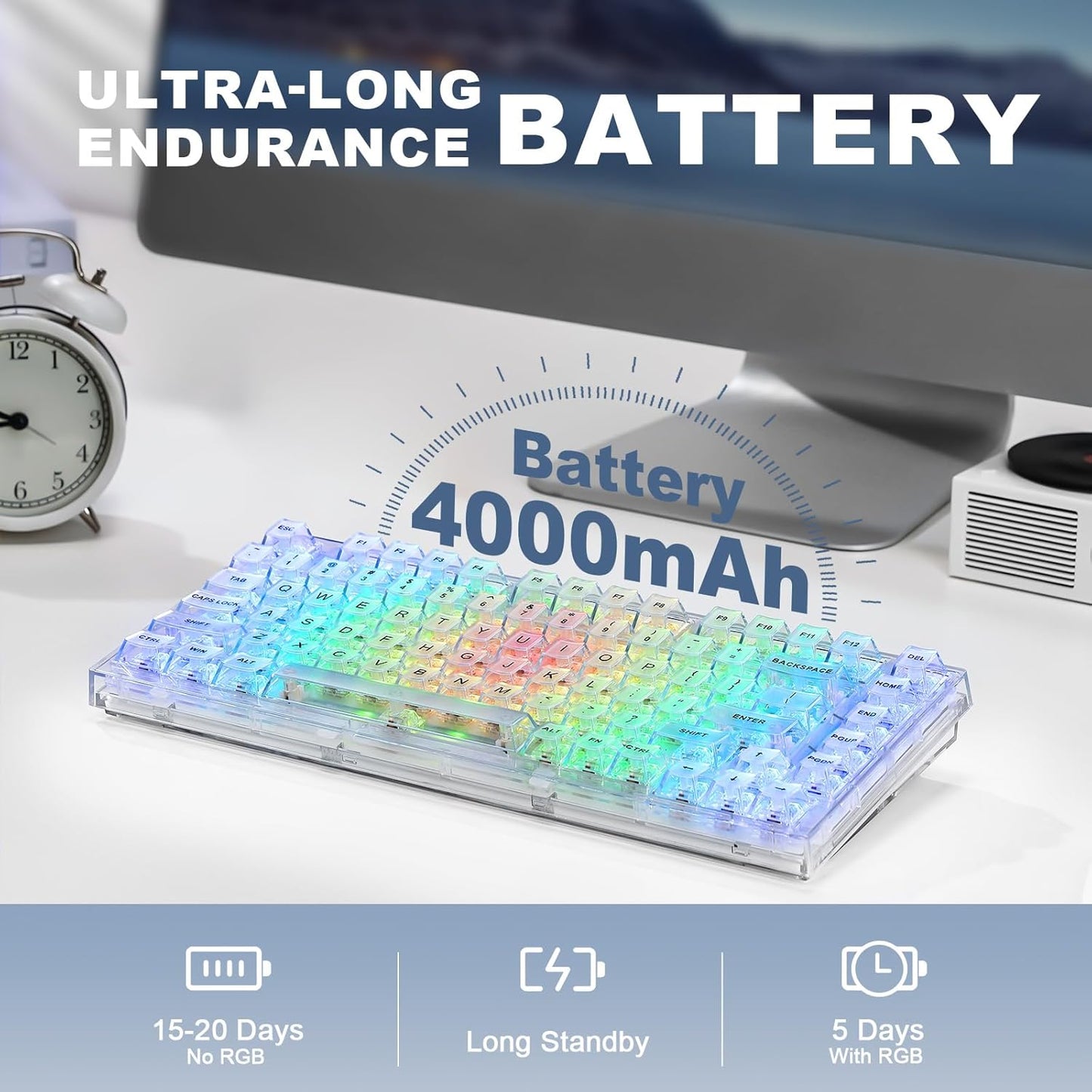 YUNZII X75 PRO 82 Key Wireless Hot Swappable Mechanical Gaming Keyboard with Transparent Keycaps,Gasket Mount,BT5.0/2.4G/USB-C for Windows/Mac(Crystal White Switch, Wireless-White)