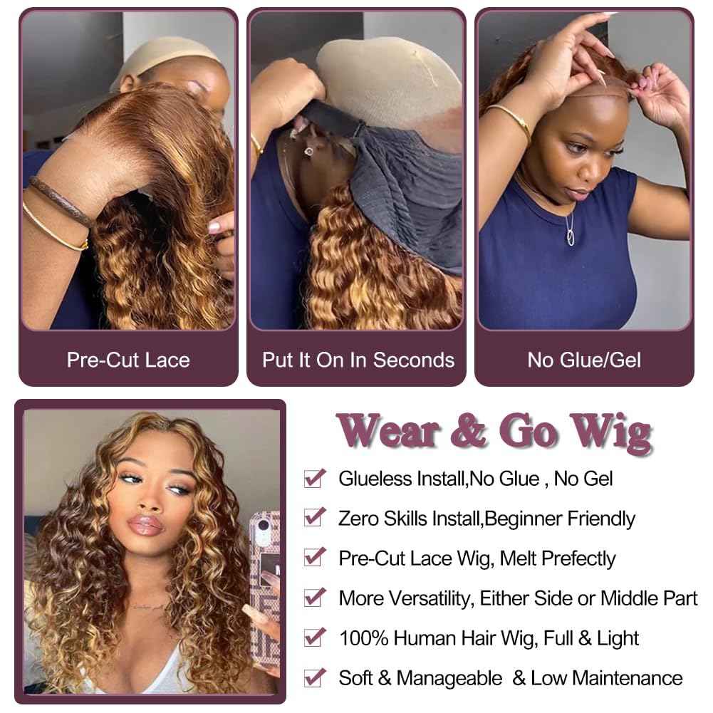 34 Inch Highlight Curly Wig Human Hair 9x6 Deep Wave HD Lace Front Wigs Human Hair 4/27 Colored Deep Curly Lace Frontal Wigs C Part Wig for Woman Pre Plucked with Natural Hairline 220% Density